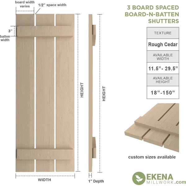 Rustic Three Board Spaced Board-n-Batten Rough Cedar Faux Wood Shutters, 17 1/2W X 36H